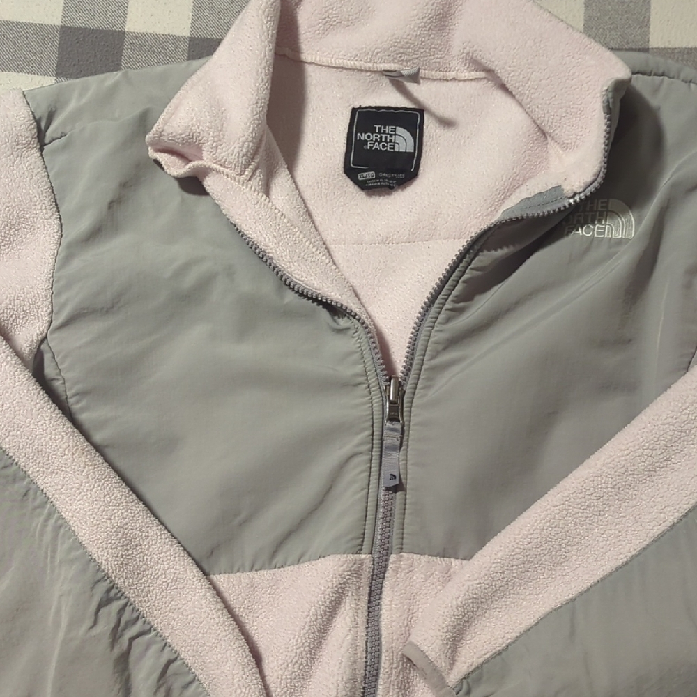 The North Face Girl's Light Gray and Soft Pink Fleece Jacket - XL